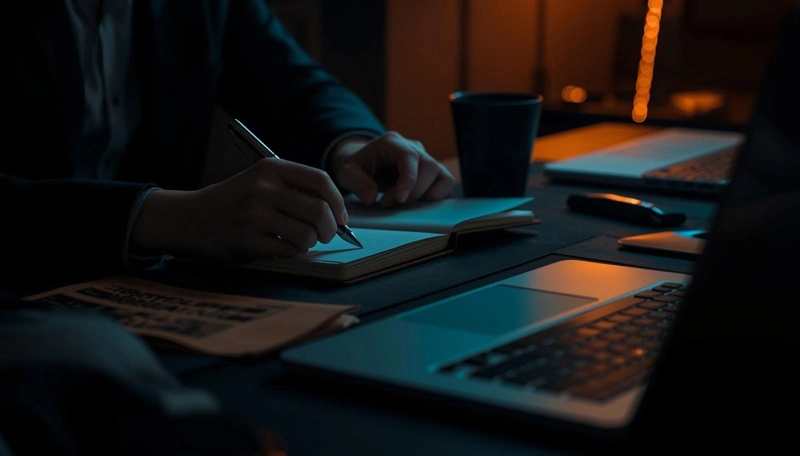 Professional working at a desk in warm light